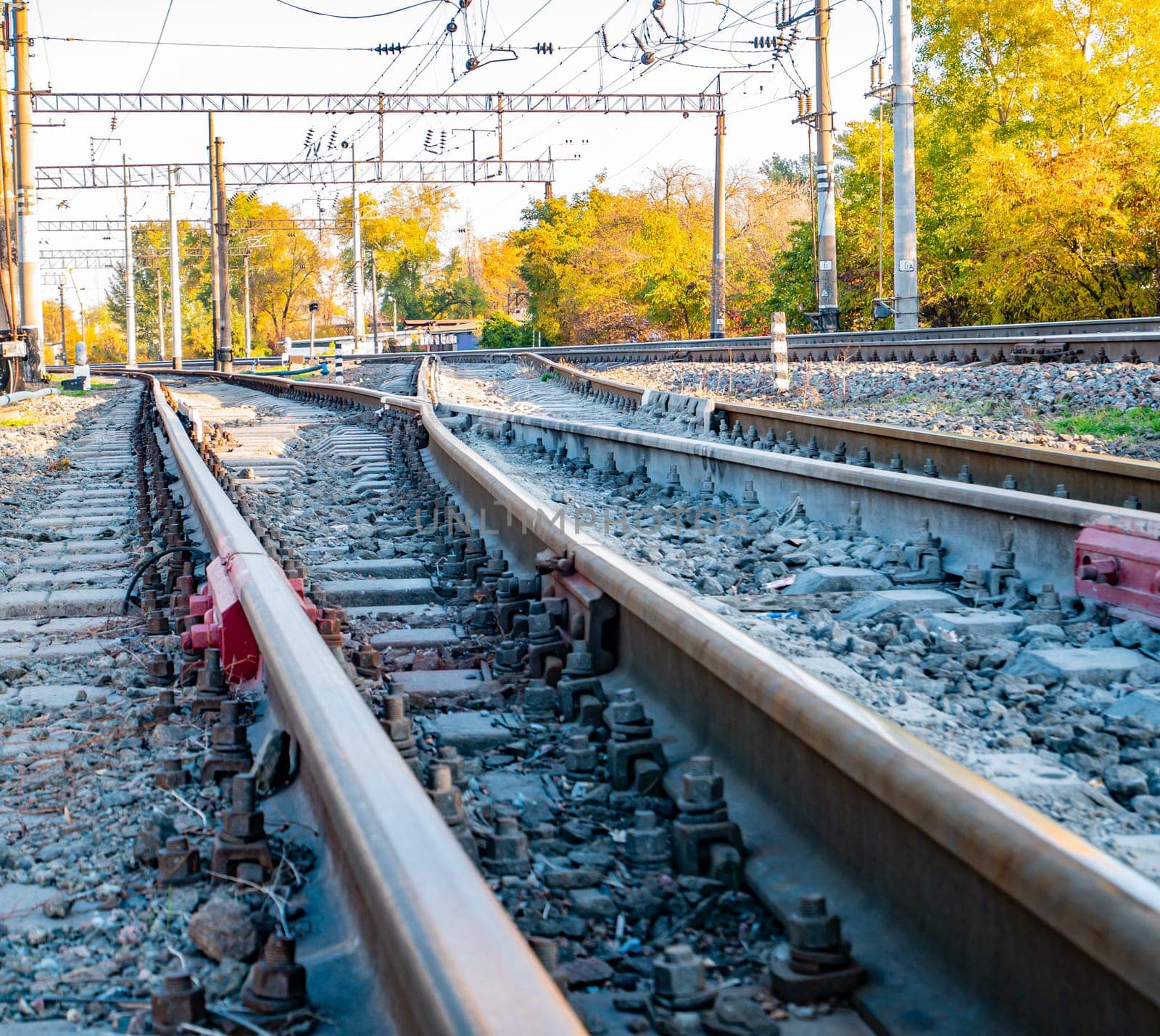 Railway rails for the movement of trains. Railway. Transport.