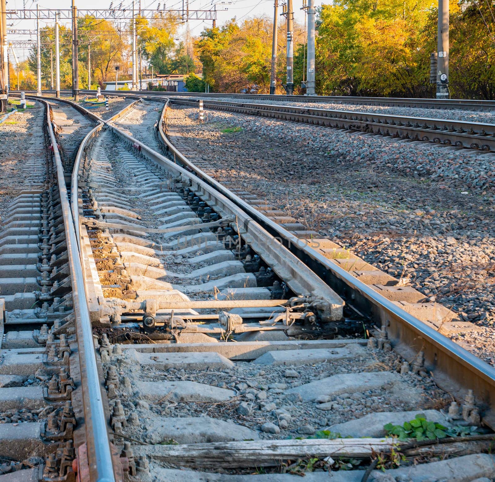 Railway rails for the movement of trains. Railway. Transport.