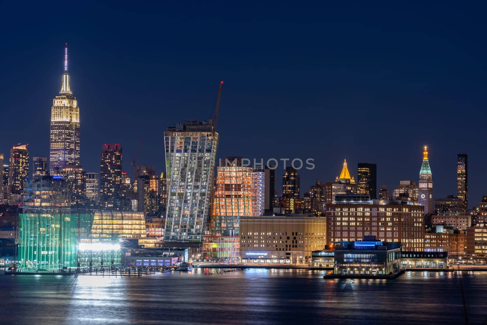 Aerial view of New York city Mid town Skylines cityscape from New Jersey at dusk