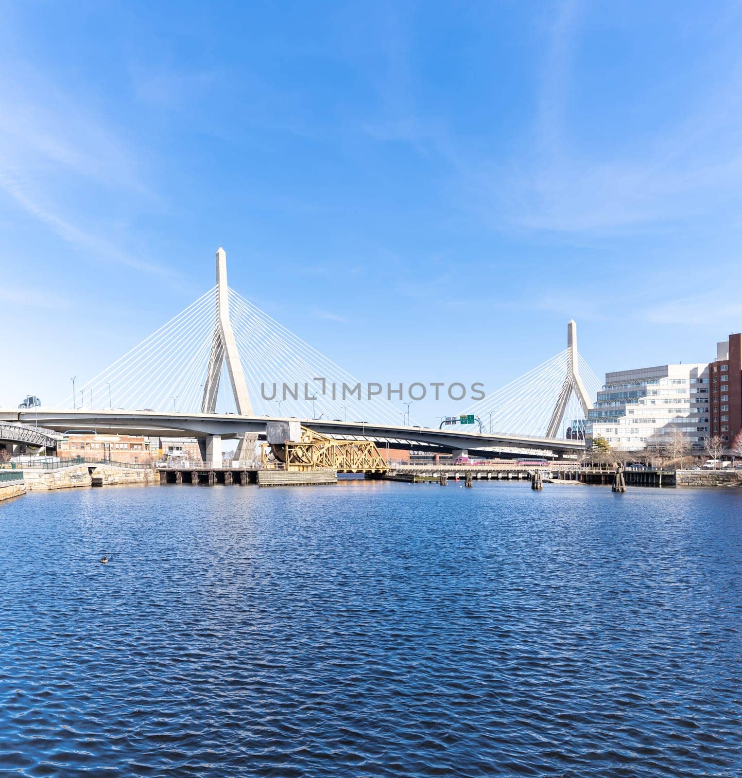 square crop of Boston Zakim bridge at Boston downtown MA USA