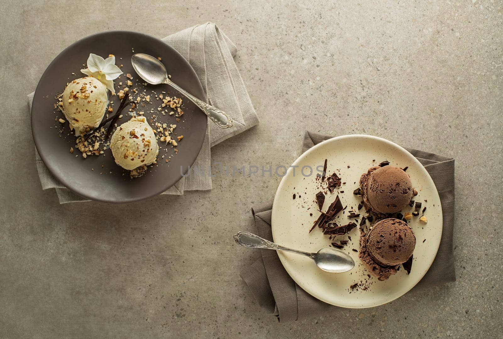 Set of ice cream scoops with chocolate and vanilla flavours