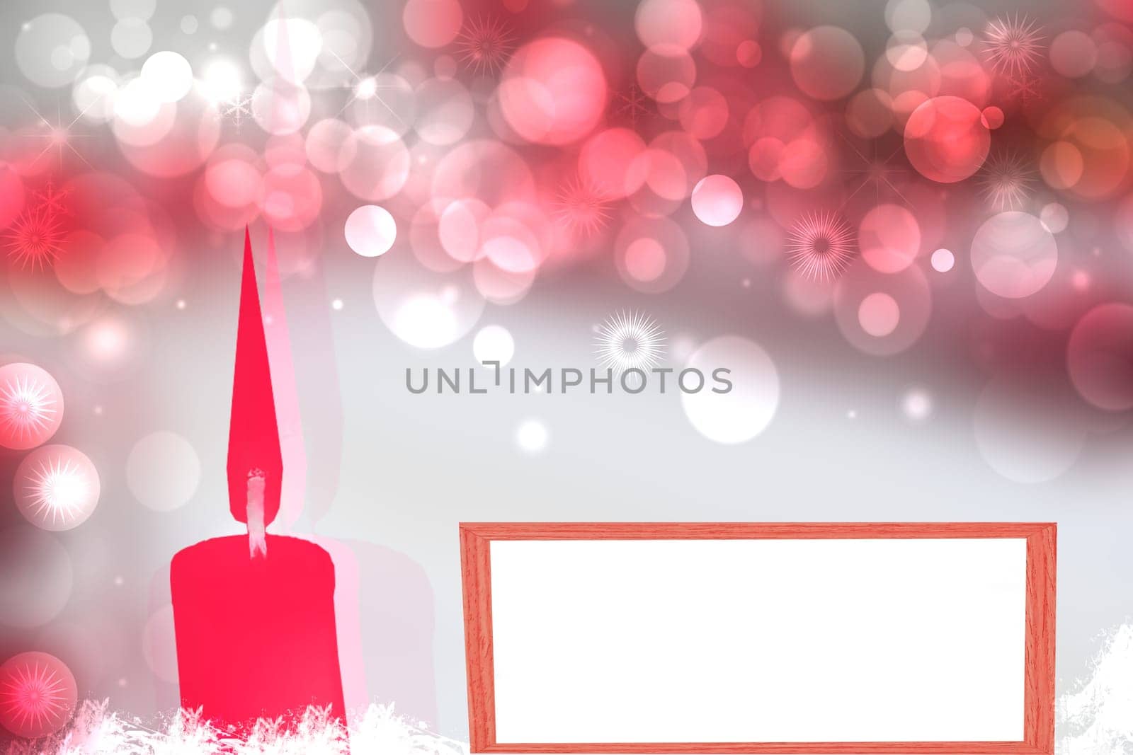Christmas card concept. Abstract burning red christmas candle and empty white board for text on blurred festive winter xmas background texture with shiny light pink and white bokeh lighted stars.