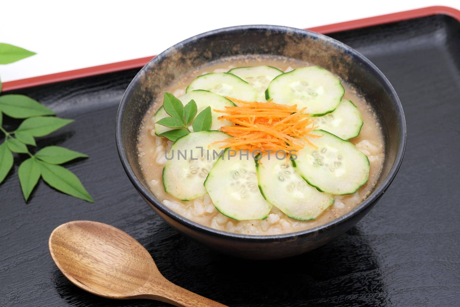 Japanese hiyajiru cold miso soup in a bowl on tray