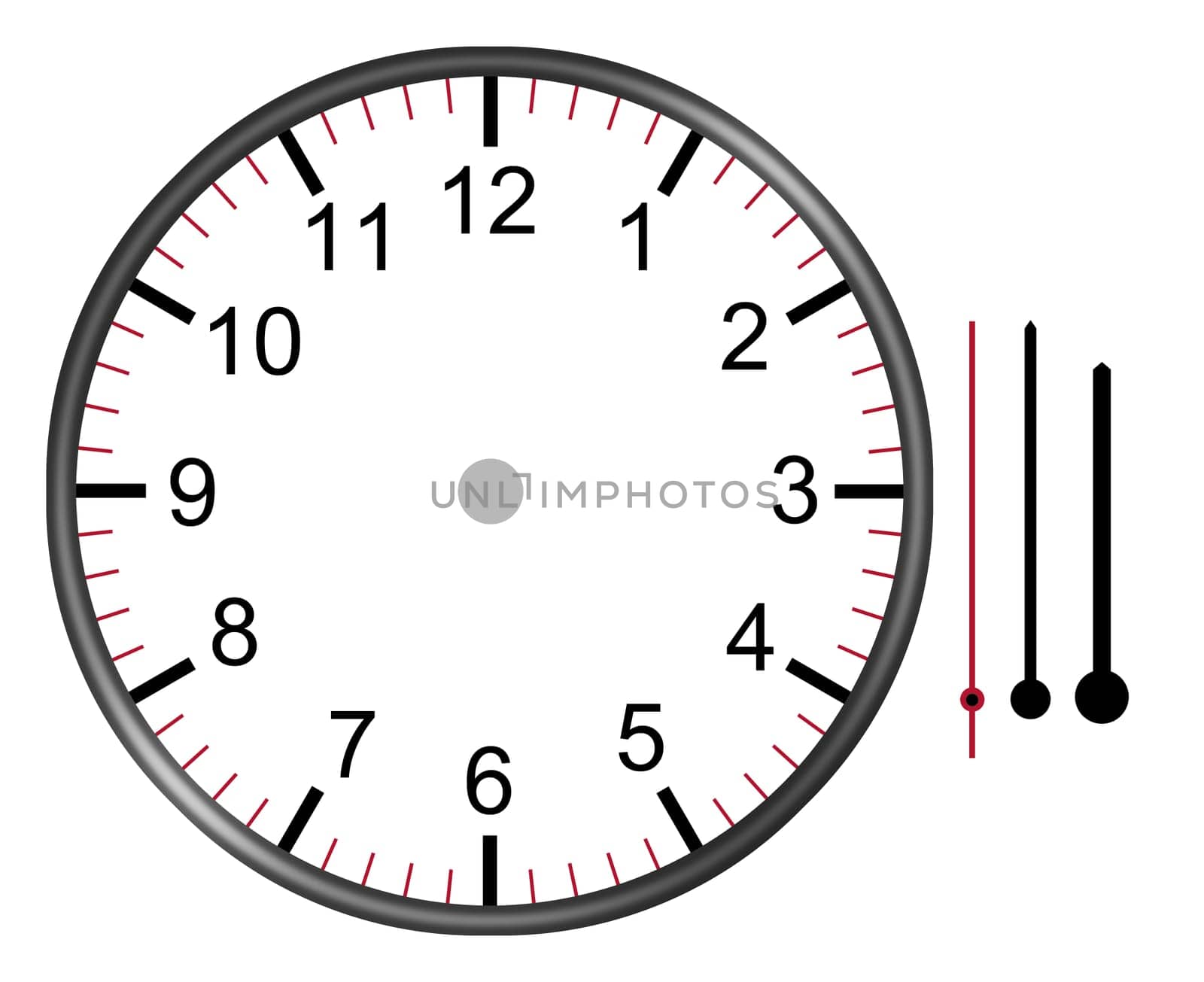 A clock illustration face with numbers hour minute and second hands isolated on white background with clipping path