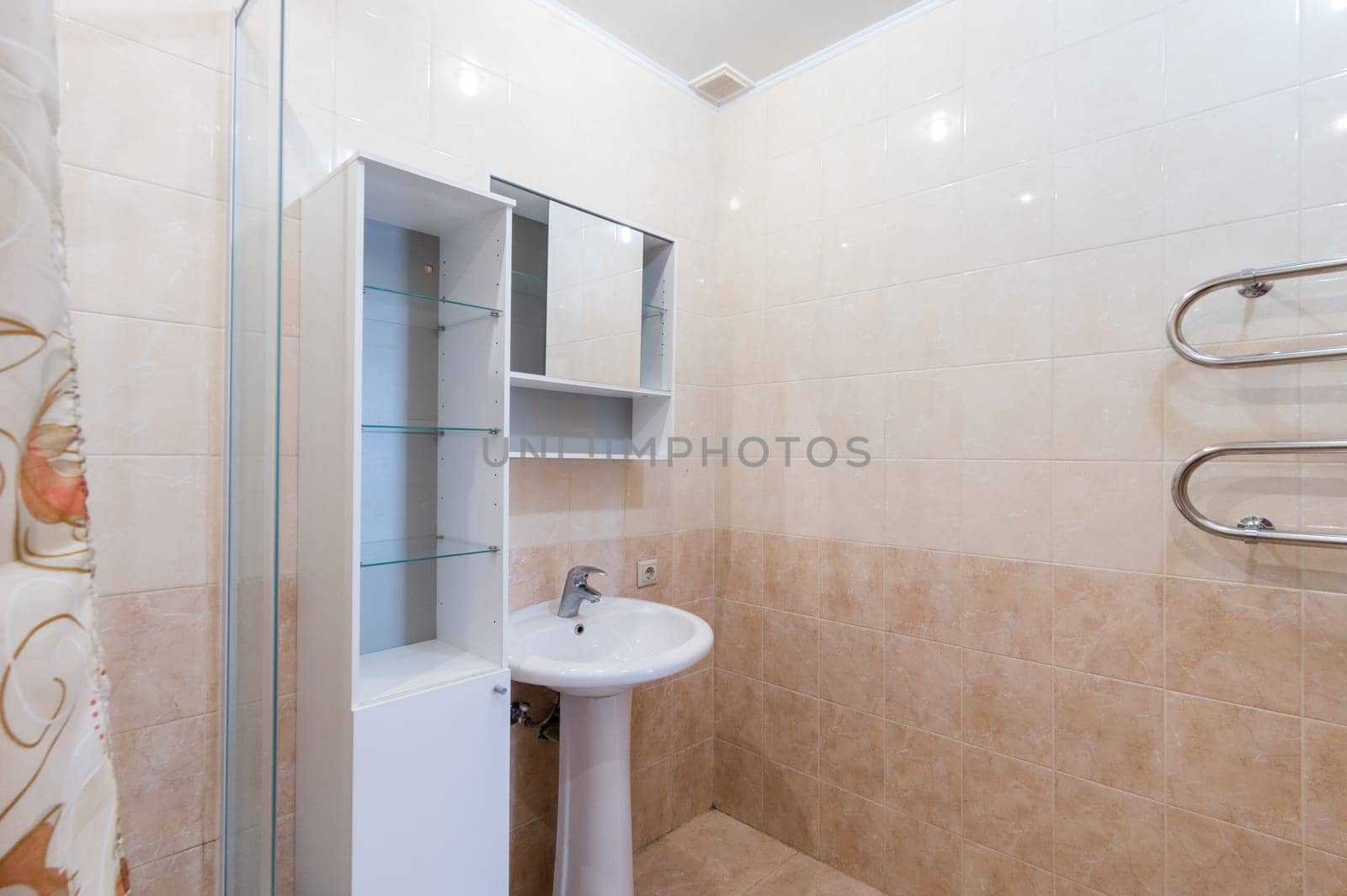 Russia, Moscow- June 11, 2019: interior room apartment. standard repair decoration in hostel. bathroom and toilet