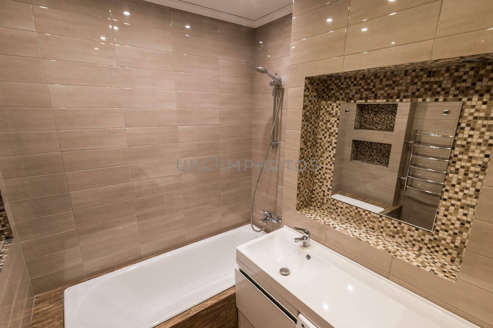 Russia, Moscow- June 11, 2019: interior room apartment. standard repair decoration in hostel. bathroom and toilet
