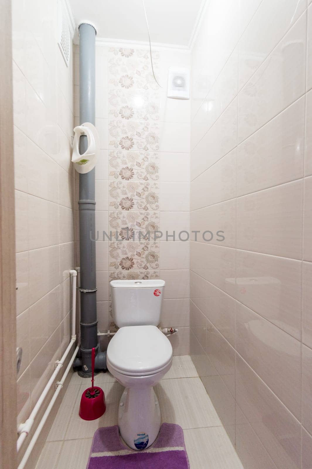 Russia, Moscow- June 11, 2019: interior room apartment. standard repair decoration in hostel. bathroom and toilet