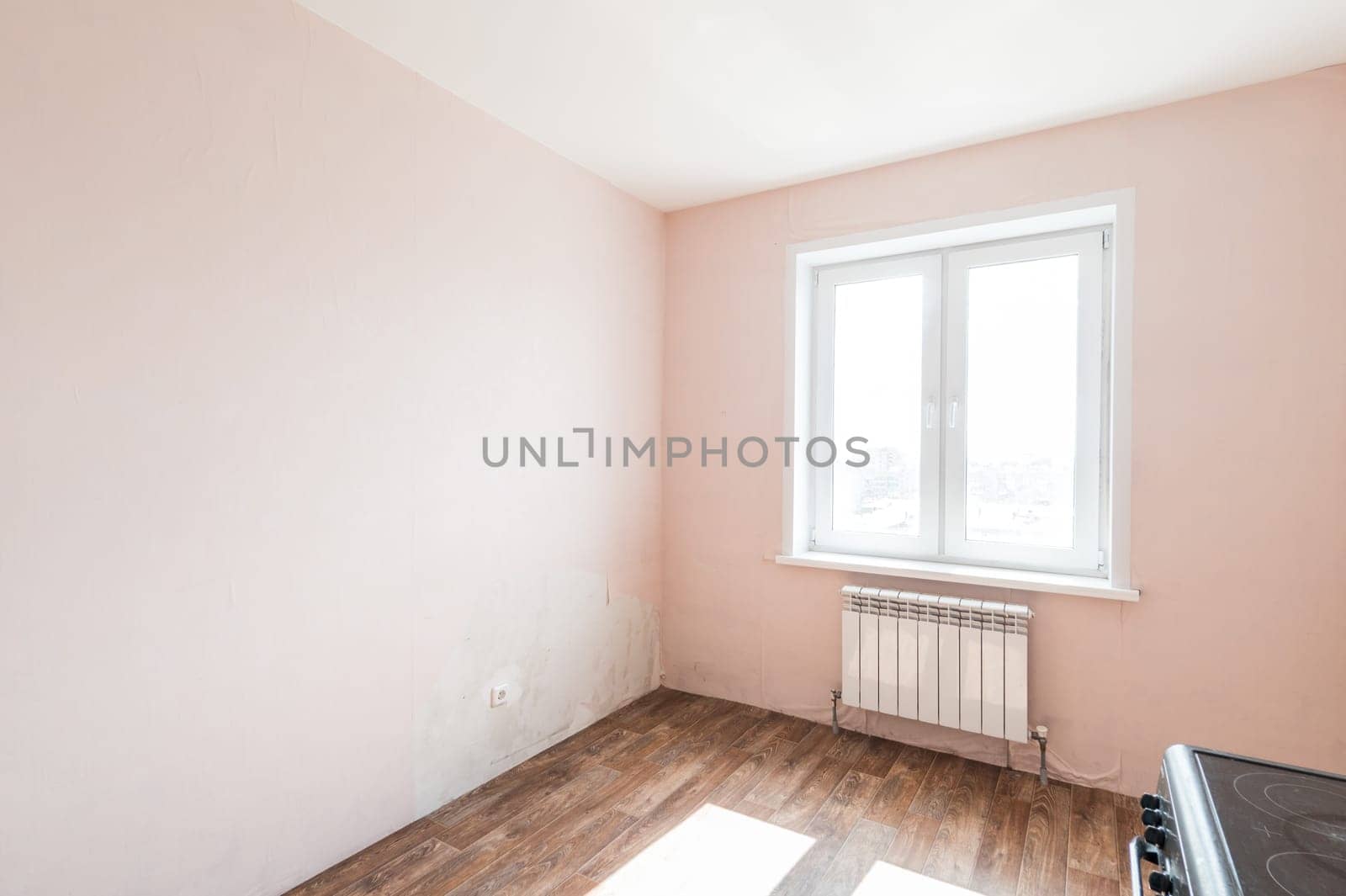 Russia, Moscow- June 11, 2019: interior room apartment. standard repair decoration in hostel. rough repair for self-finishing. finishing stage of construction
