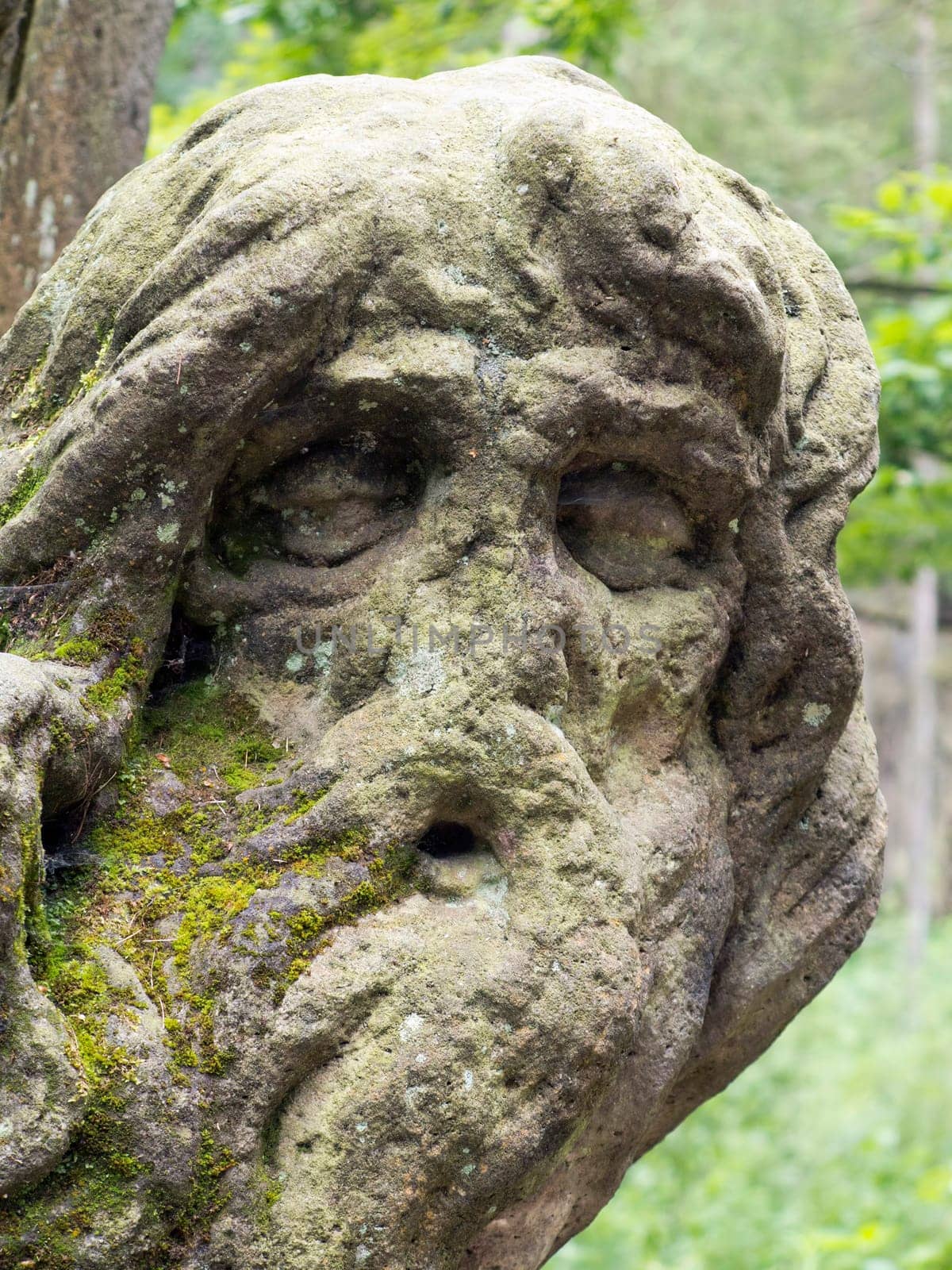 Kuks Forest Sculptures - Hermit Juan Garin - detail of the Baroque sculpture by Matthias Bernard Braun in the Bethlehem of Braun, Kuks, Czech Republic. The Bethlehem of Braun (Czech: Braunuv Betlem) is a complex of Baroque statues and relieves carved by famous sculptor Matthias Bernard Braun directly in sandstone rocks in the forest near complex Kuks Hospital in Northern Bohemia, Czech Republic. Part of the sculptures in the New Forest is ranked the best works of Czech Baroque sculpture. Since 2002, the area is protected as a National Historic Landmark and were listed in the 2000 World Monuments Watch by the World Monuments Fund.
