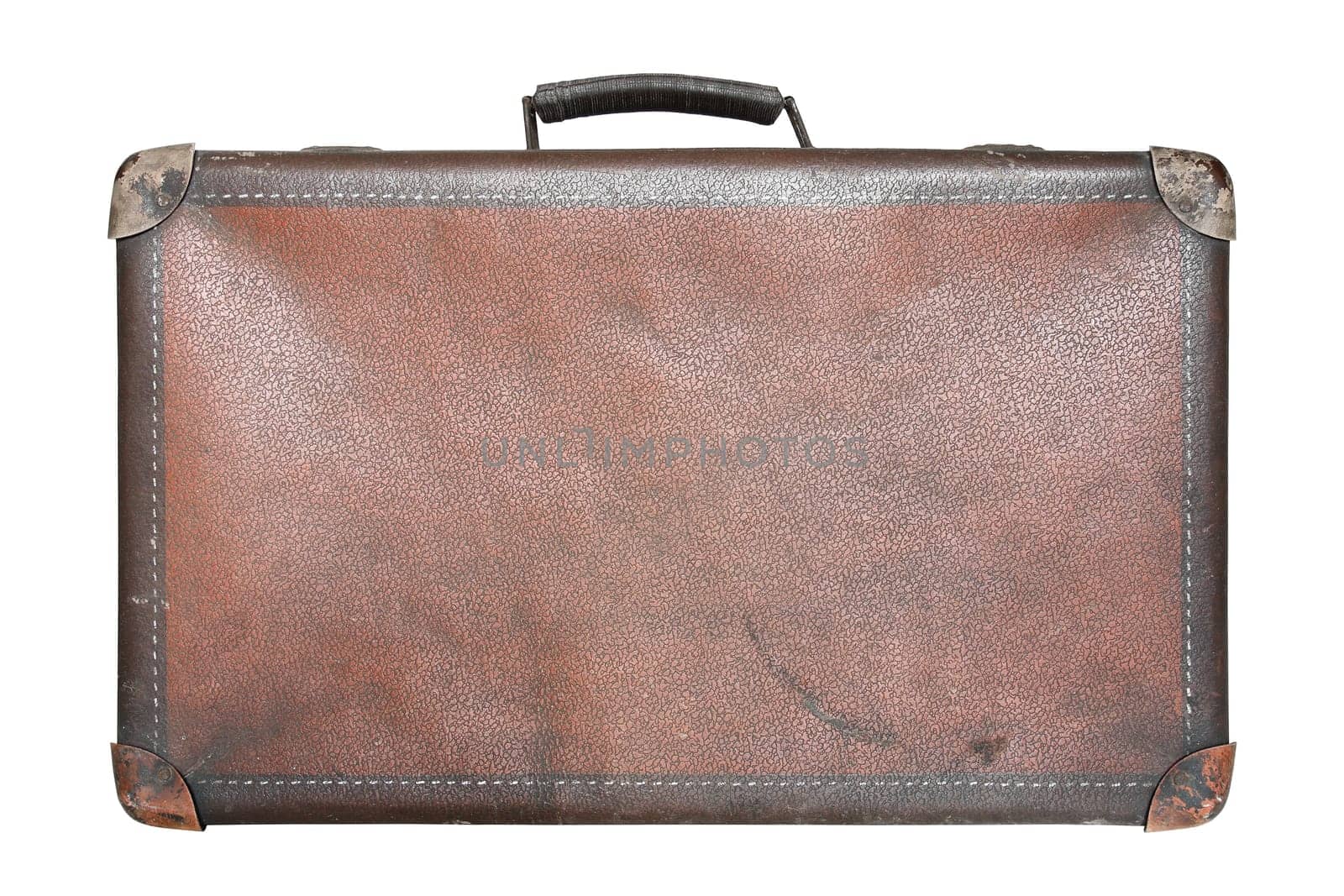 Old worn traveling suitcase on white background