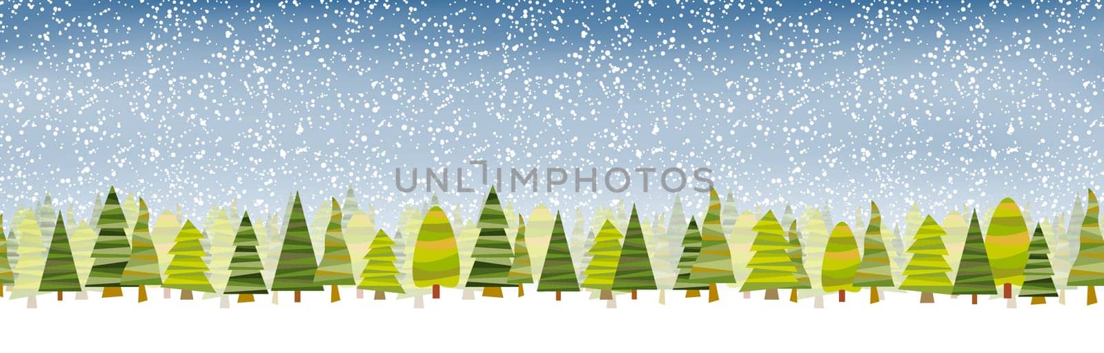 some green firs standing in the snow with blue colored snow fall background