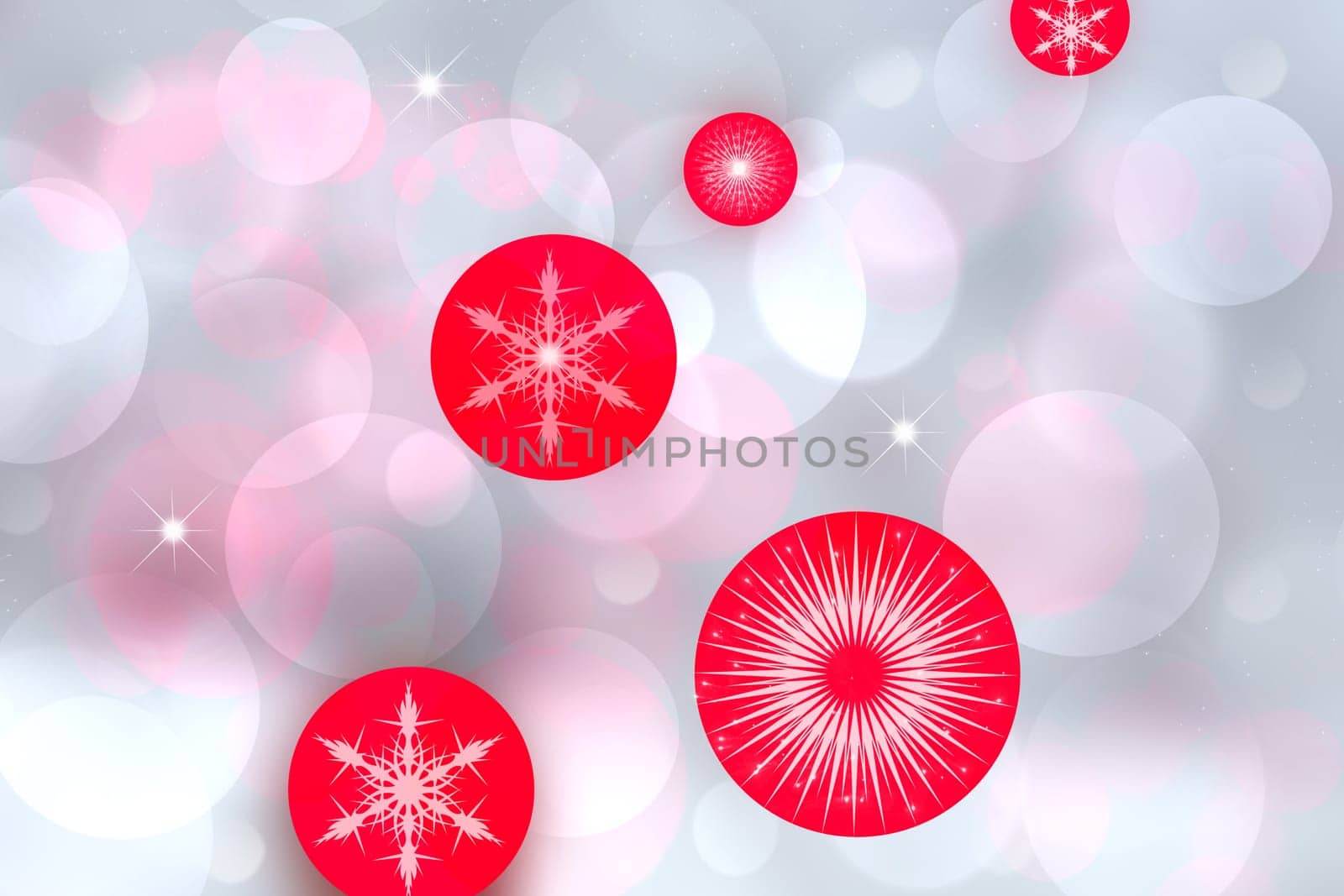 Red Christmas balls over abstract festive delicate winter christmas or New Year background texture with shiny light blue pink and white bokeh lighted stars. Space.