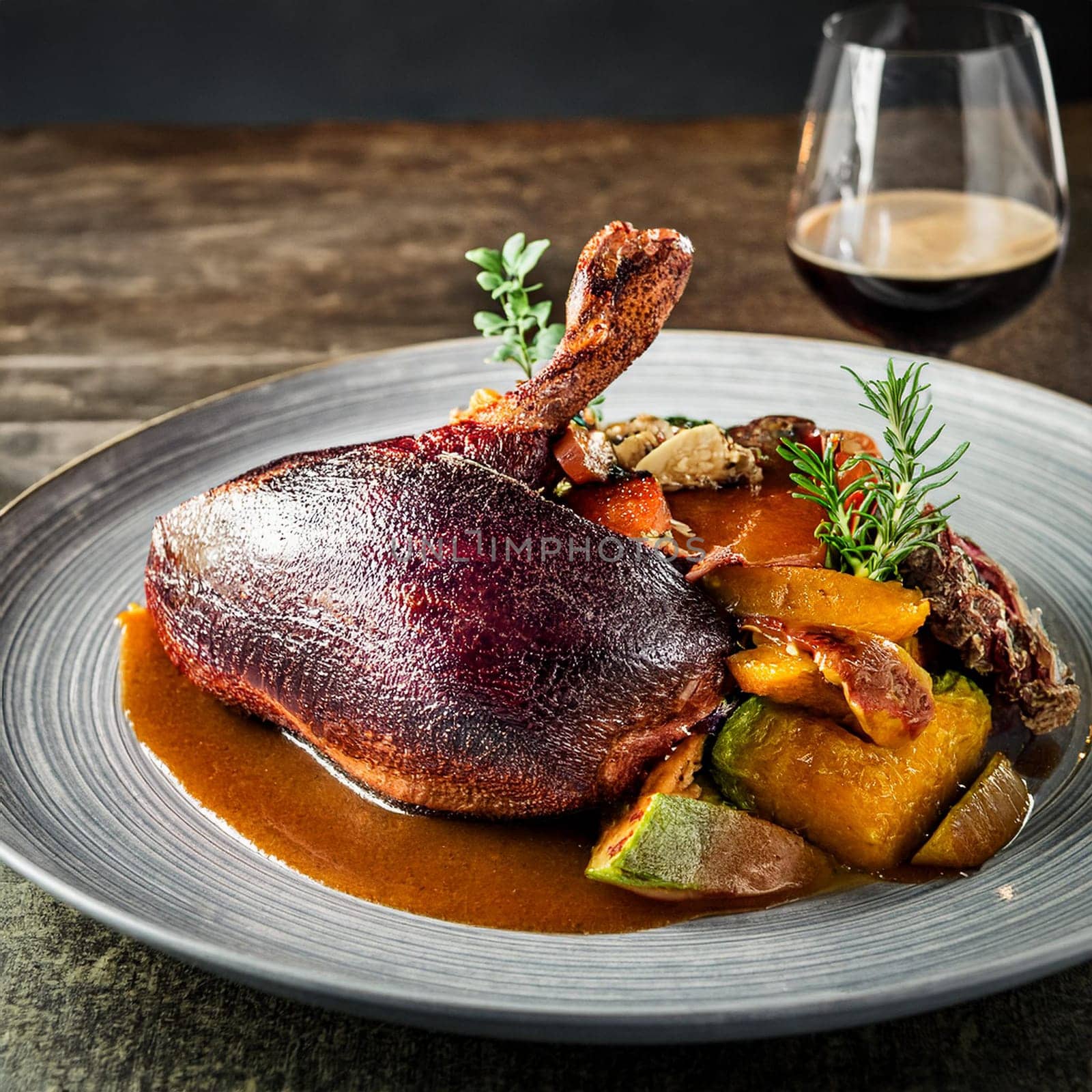 Expertly roasted pigeonneau with smoky skin tender meat paired with roasted butternut squash and vibrant livèche for stunning flavor.