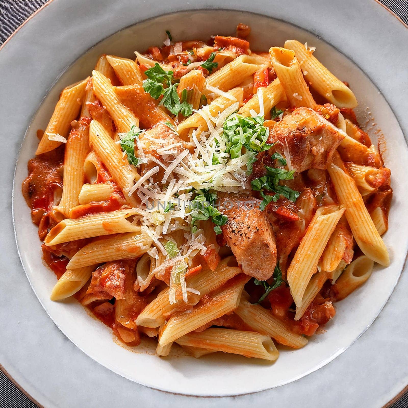 Penne au poulet et chorizo features tender chicken zesty chorizo and creamy sauce topped with melted Parmesan for rich flavors.