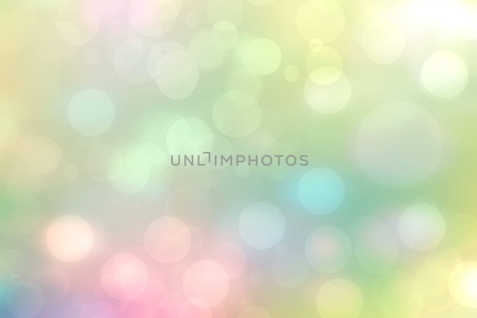 Abstract blurred fresh vivid spring summer light delicate pastel yellow pink orange green bokeh background texture with bright circular soft color lights. Beautiful backdrop illustration.