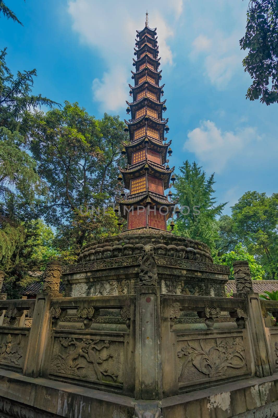 Tall landmark Thousand Buddha Pagoda in the courtyard of the Wenshu Monastery, Chengdu, China