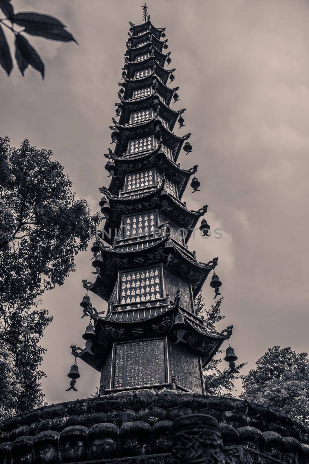 Tall landmark Thousand Buddha Pagoda in the courtyard of the Wenshu Monastery, Chengdu, China