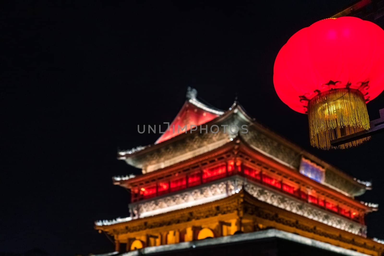 Xian Bell Drum Tower beautifully lit and illuminated at night, Shaaxi Province