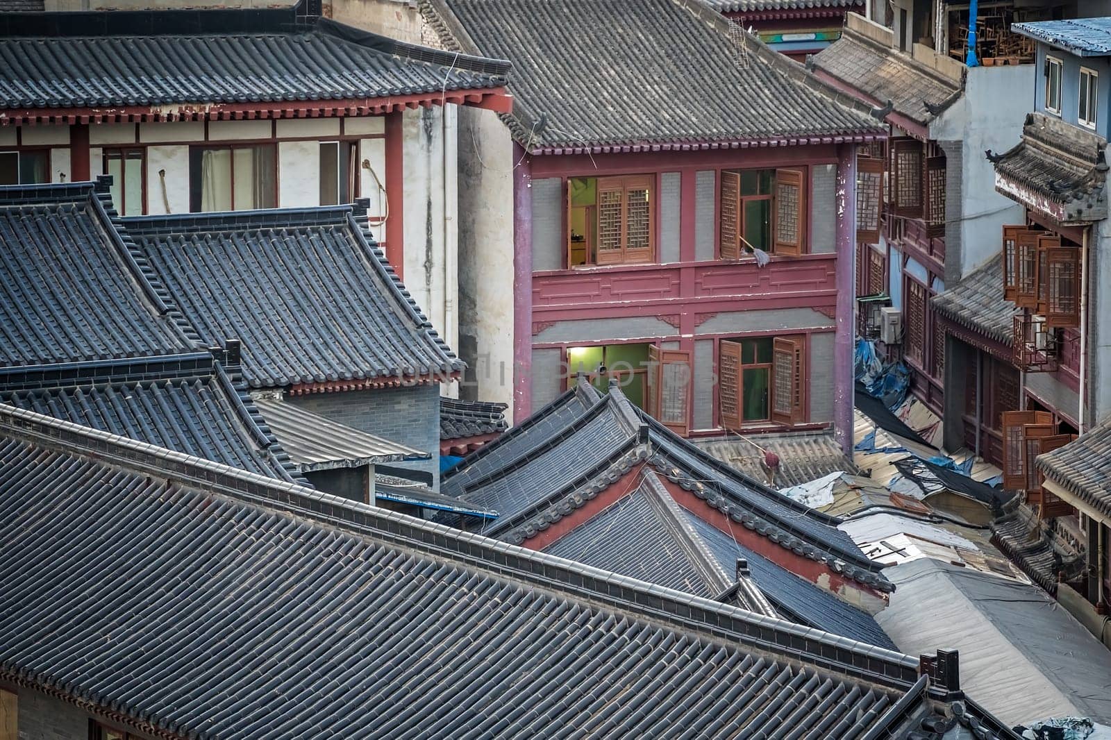 Traditional rooftops of old buildings in the centre of Xian city, Shaaxi Province, Central China
