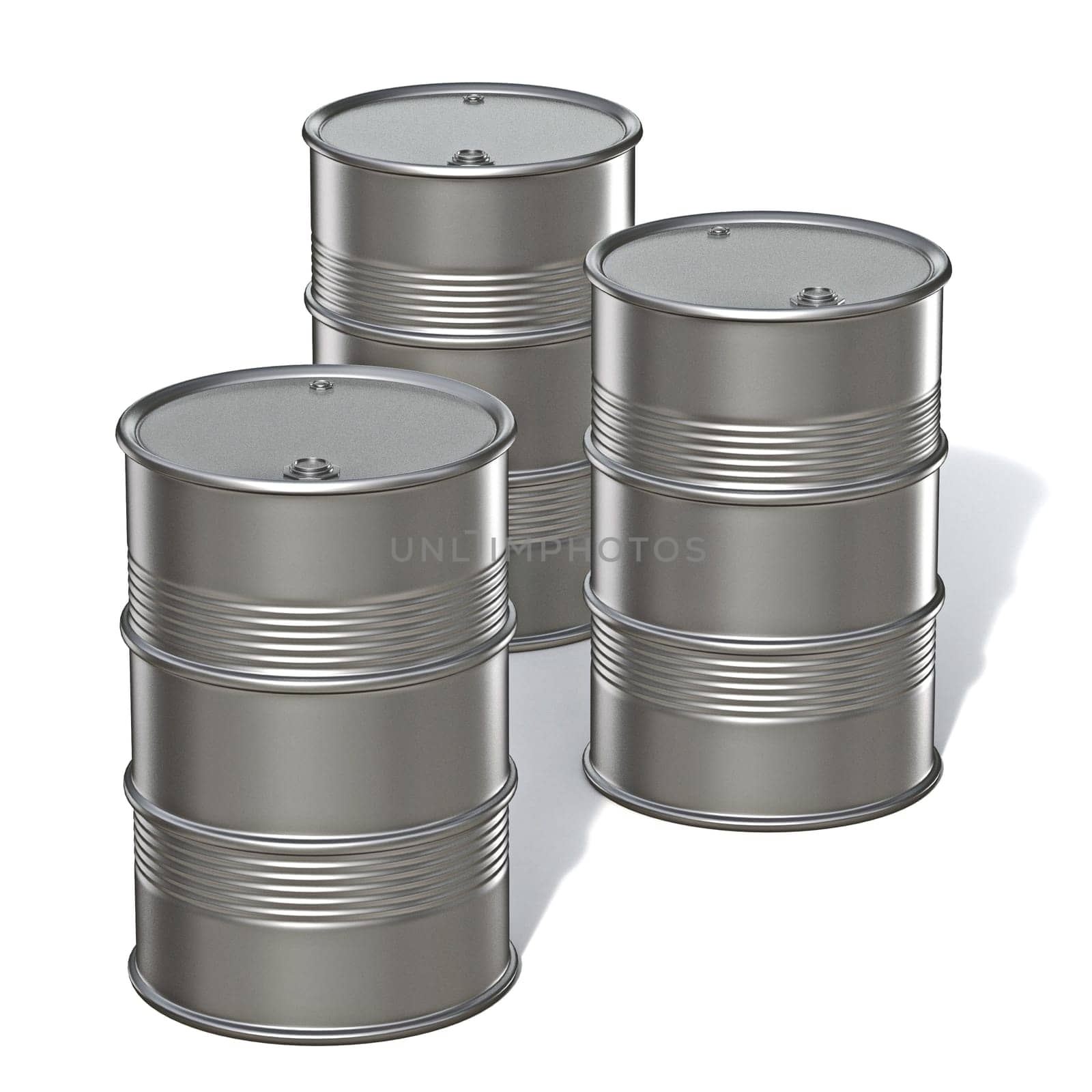 Three metal barrels 3D render illustration isolated on white background