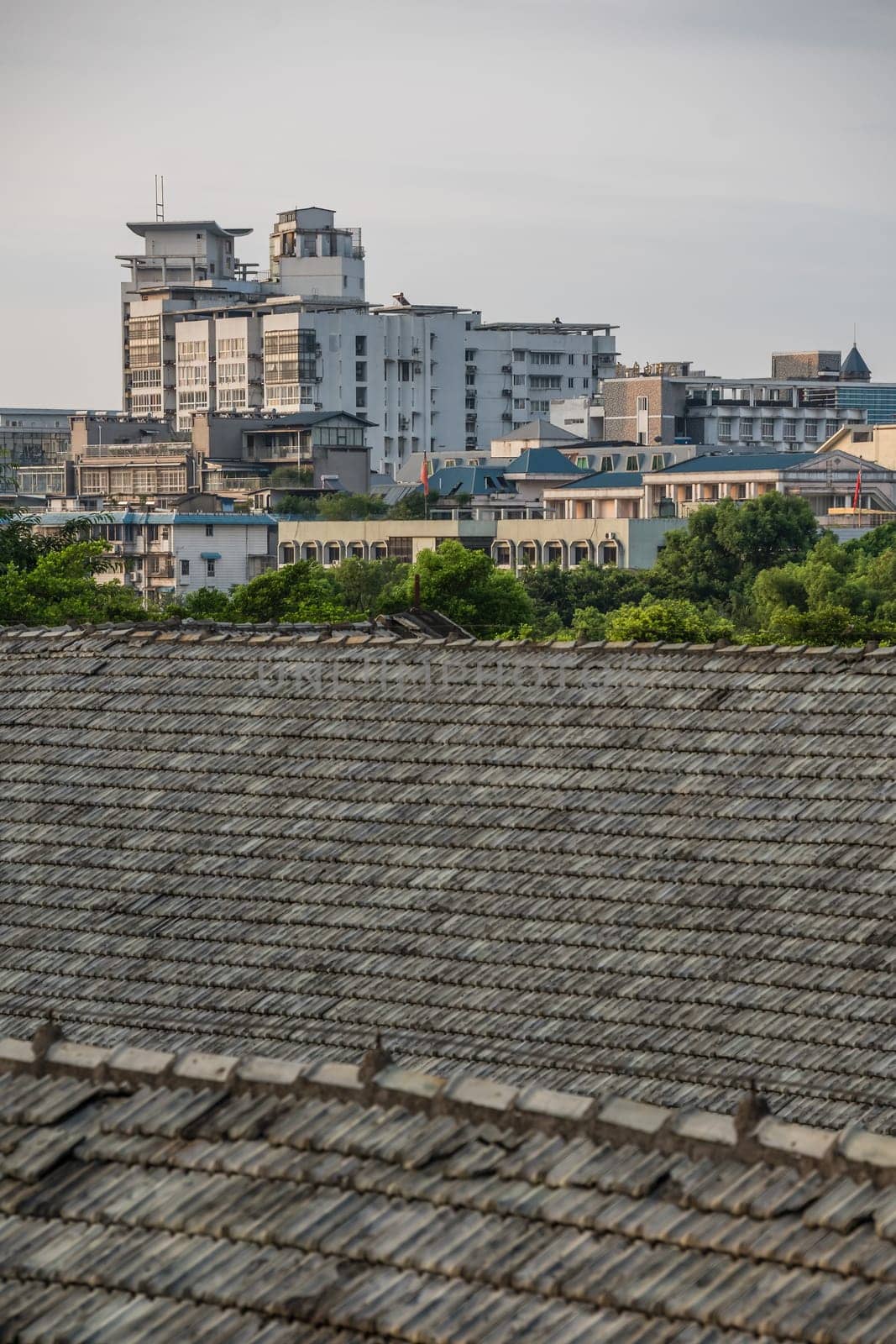 Tiled rooftops of buildings in Guilin town city, Guangxi Province, China