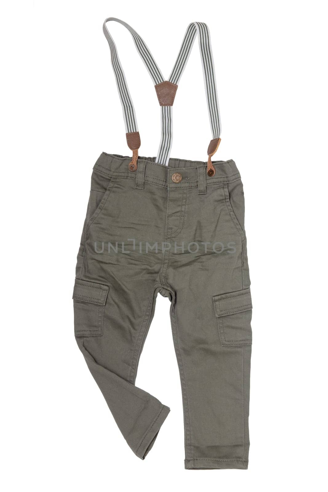 Jeans isolated. Trendy stylish khaki denim pant or trousers for child boy with striped suspenders isolated on a white background. Jeans summer and autumn fashion.