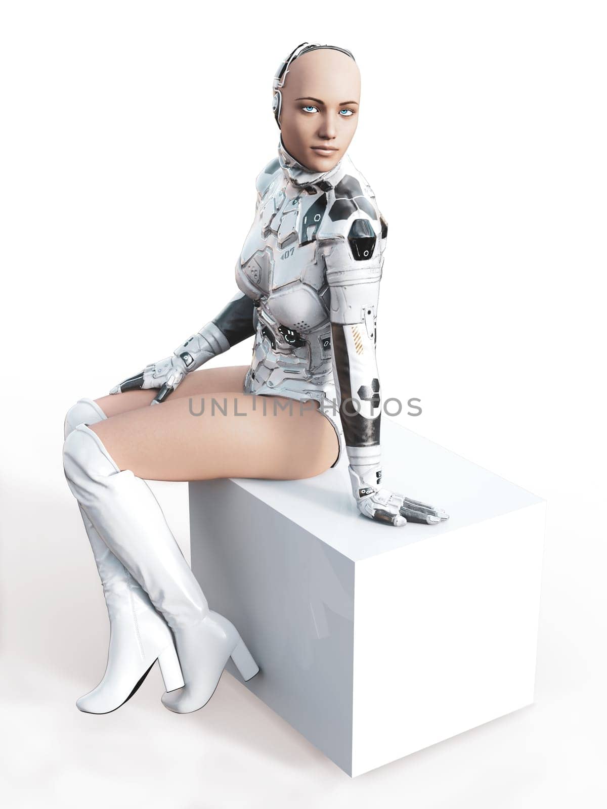 3D rendering of a sexy female android robot wearing high boots and sitting and posing. White background. Futuristic concept.