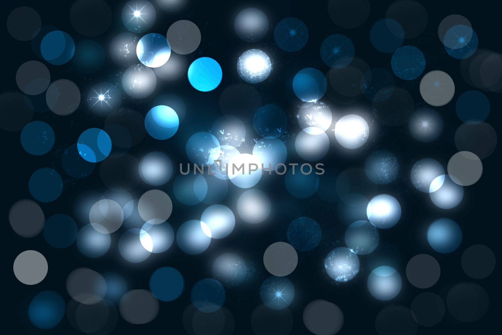 Abstract dark blue background texture with glitter defocused sparkle bokeh circles and glowing circular lights. Beautiful backdrop with bokeh light effect.