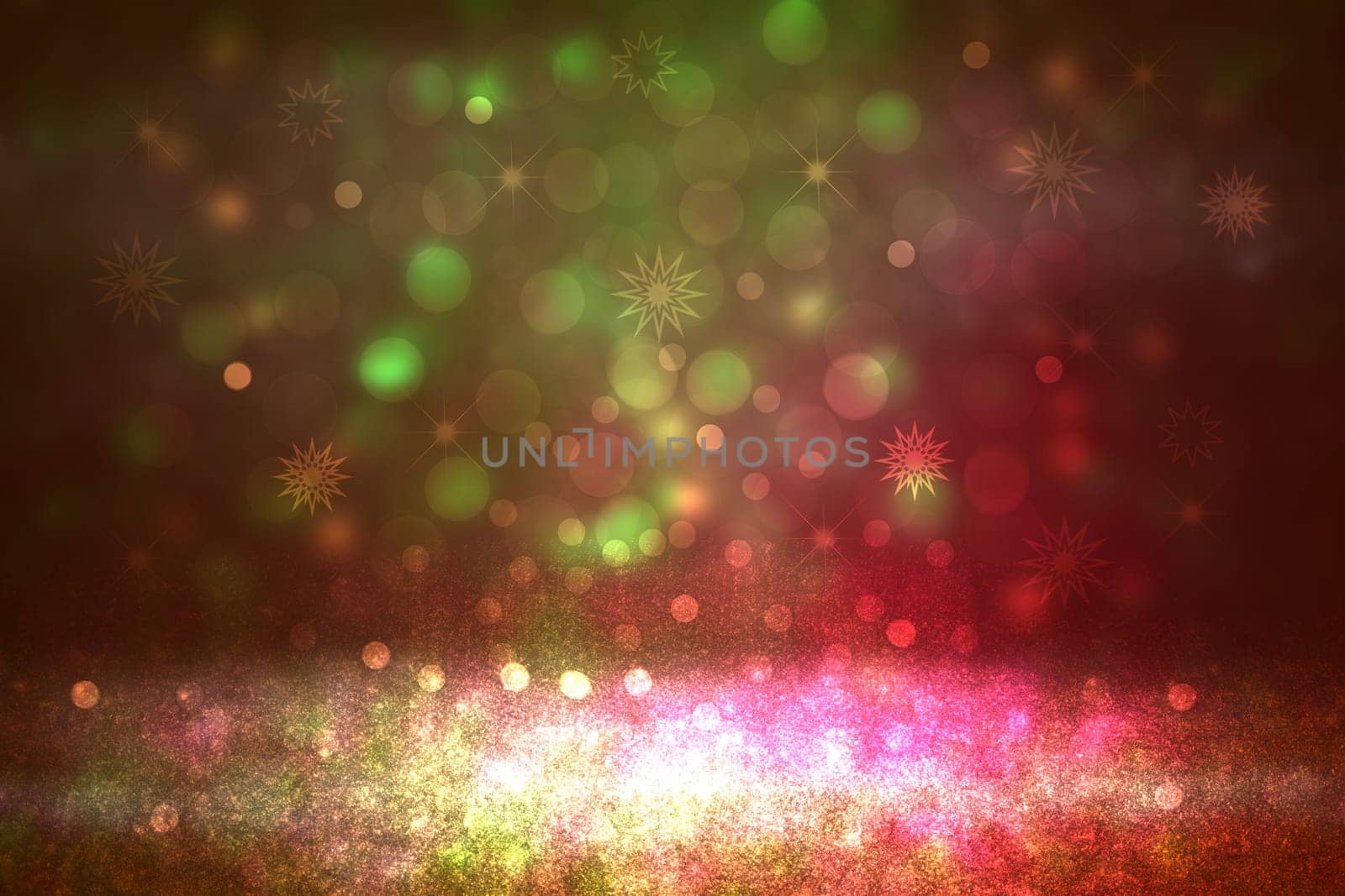 Christmas card template. Abstract festive natural red green gold winter christmas landscape background texture with bokeh lighted snowflakes and stars. Card design. Beautiful backdrop.