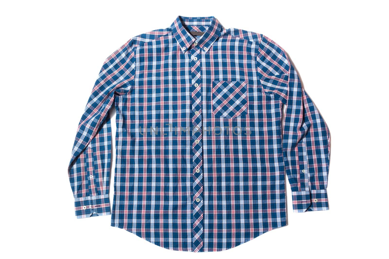 Blue checked button down casual shirt on white background