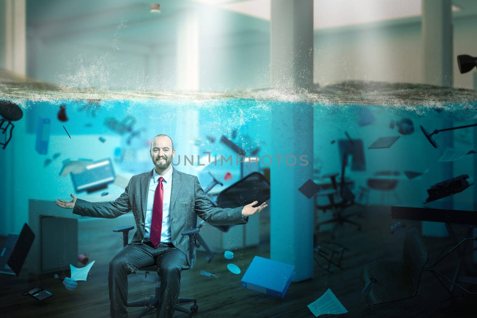smiling businessman sitting in an office completely flooded with objects floating in the water. concept of problems at work and positive vision.