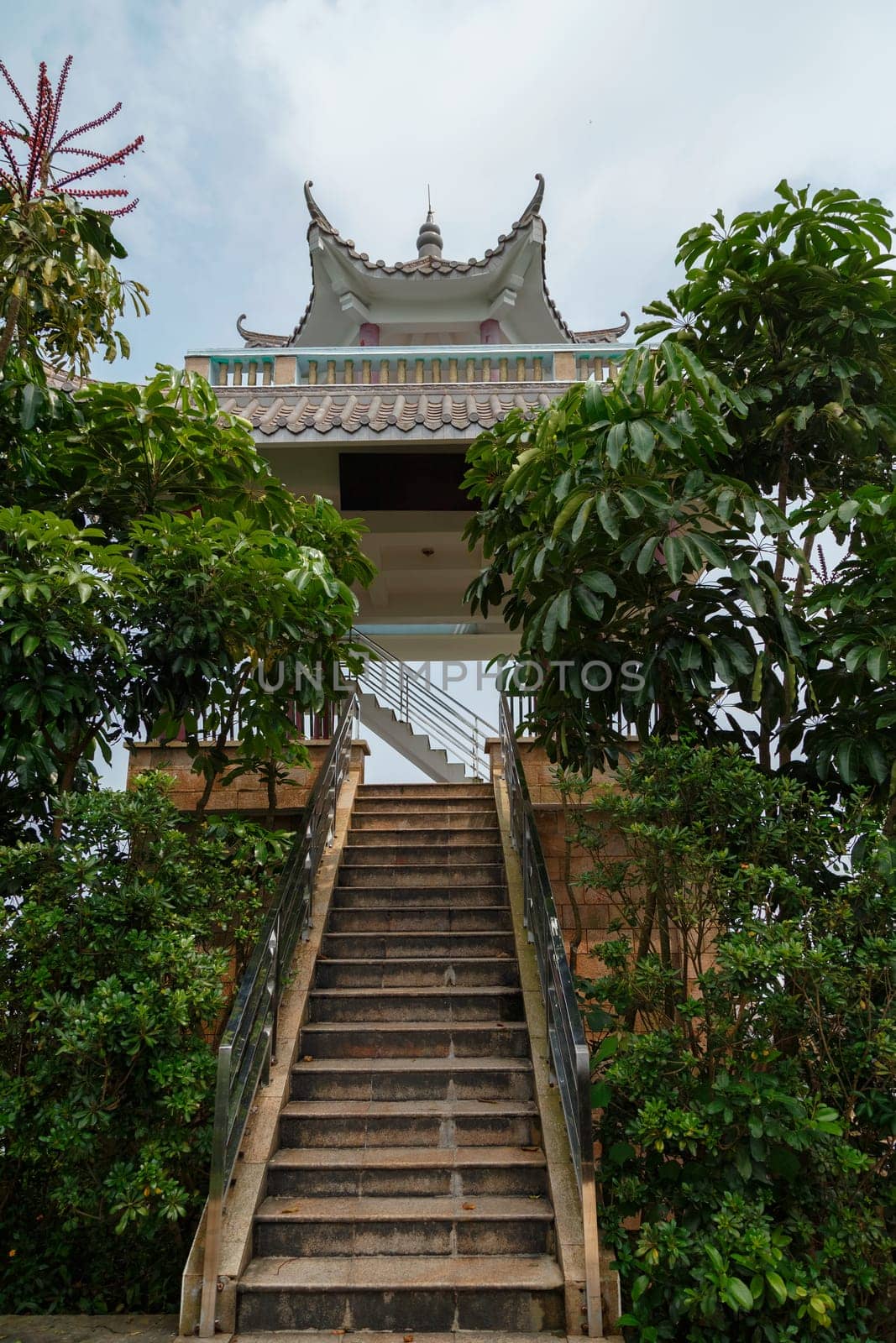 Stone stairs leading to the pagoda on the mountain, China, Shenzhen, Asia