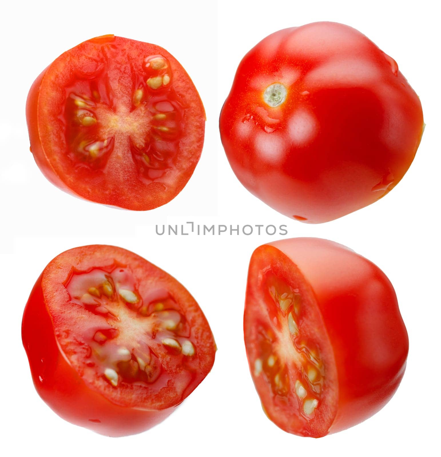 Levitating halves of cherry tomatoes close-up isolated on a white background, set of four slices