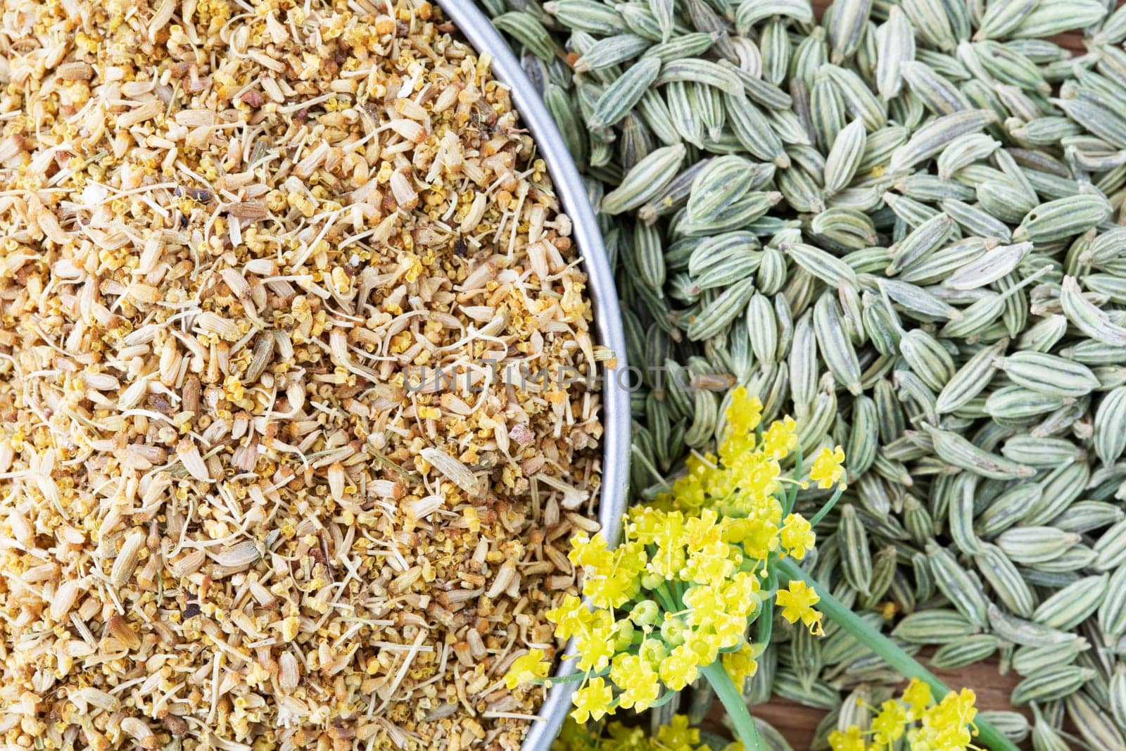 Fennel pollen, seeds and flowers close up.