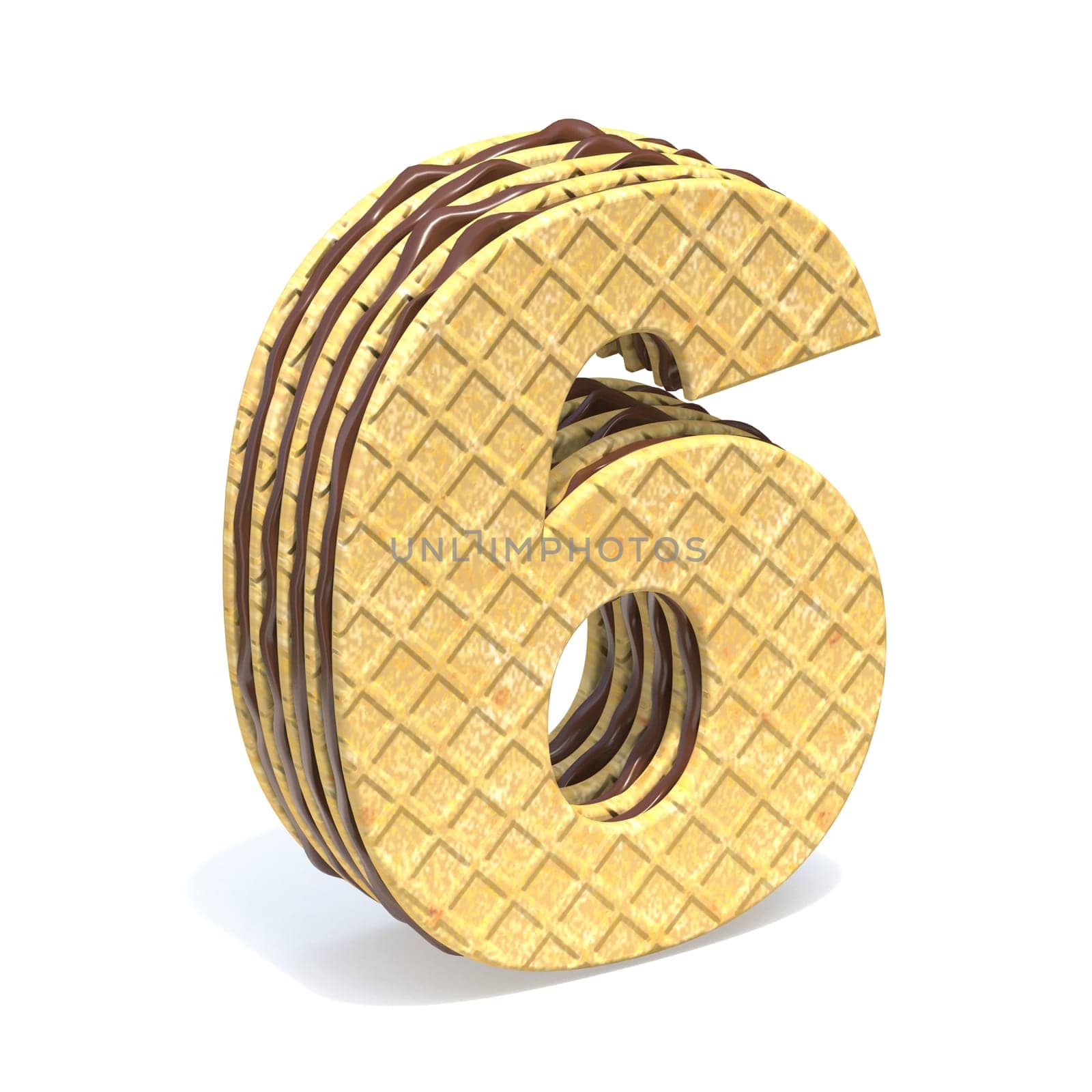 Waffles font with chocolate cream filling Number 6 SIX 3D rendering illustration isolated on white background