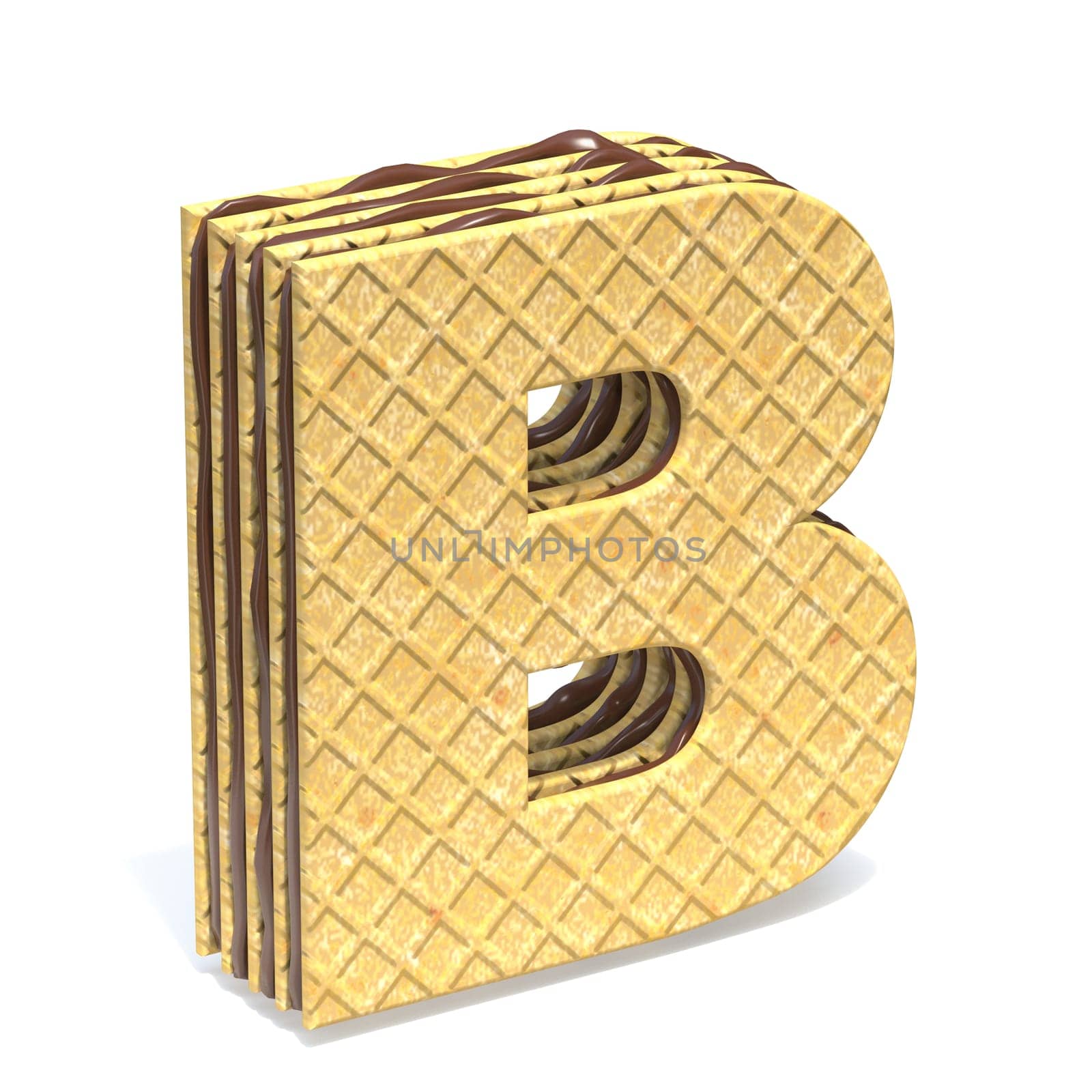 Waffles font with chocolate cream filling Letter B 3D rendering illustration isolated on white background