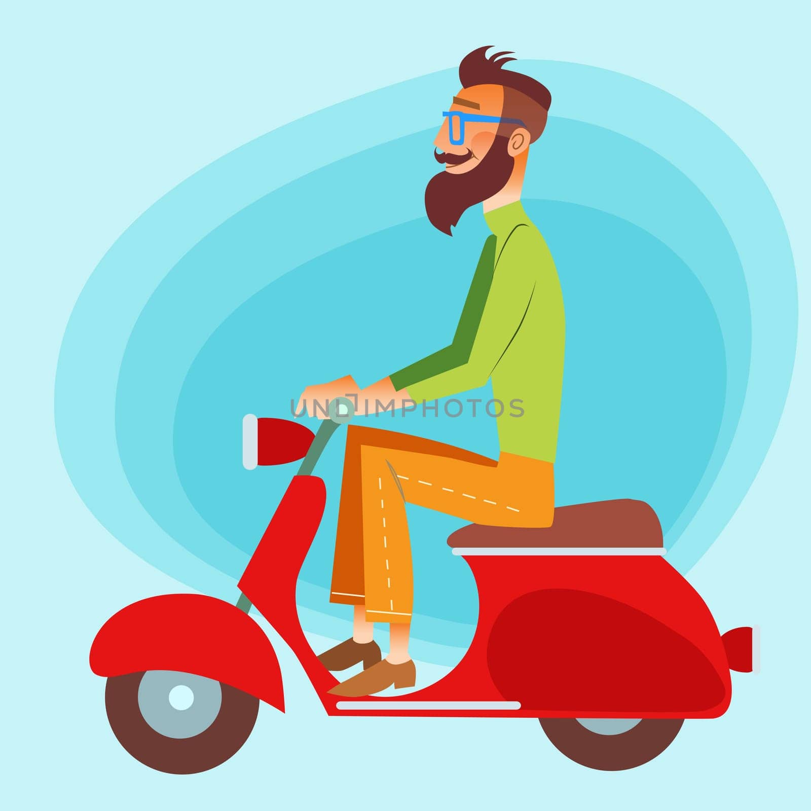 Bearded fashionable tourist riding a scooter on the road