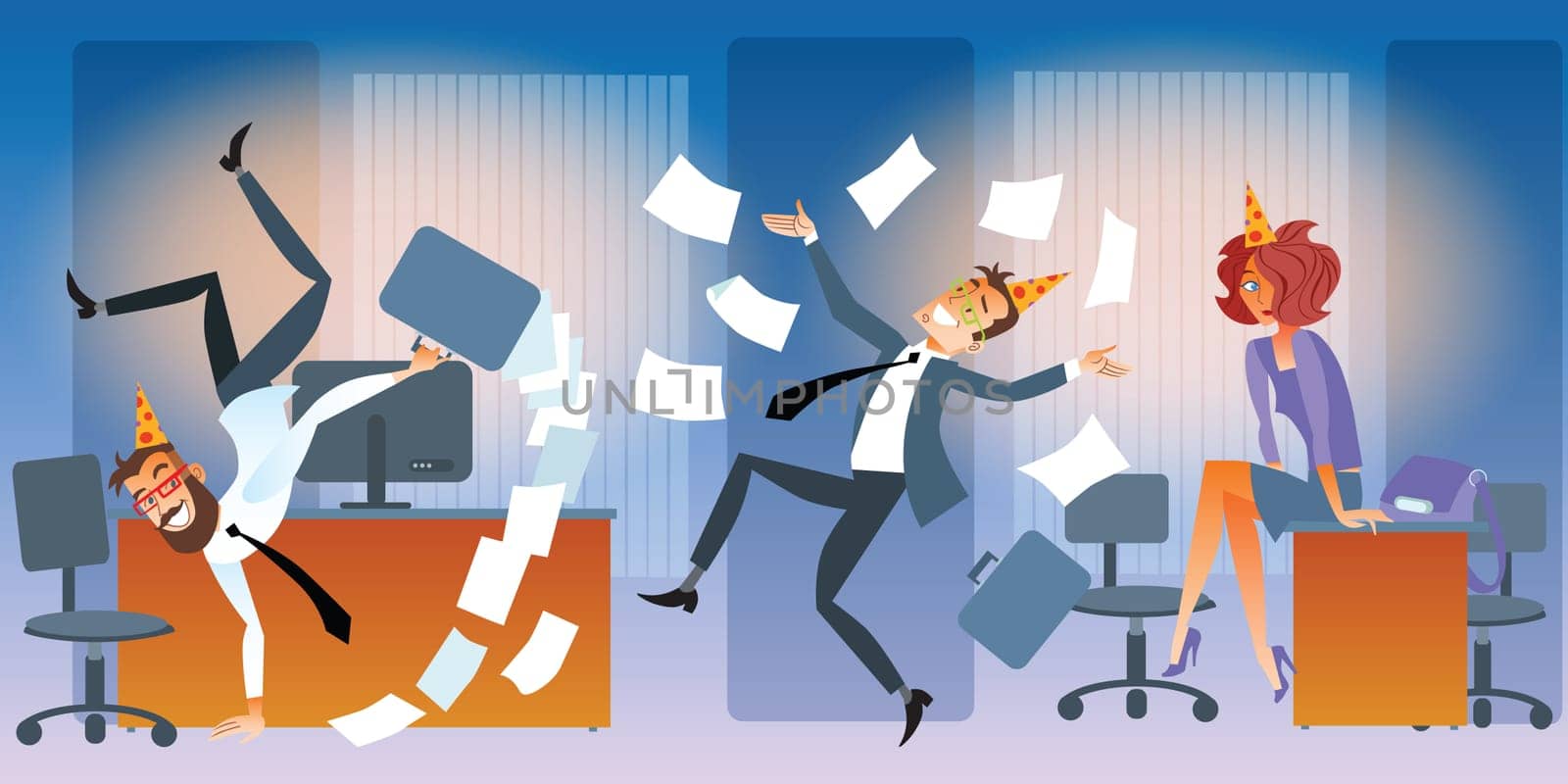 Friday in the office before the weekend, everyone is having fun. Holiday madness. Managers rejoice
