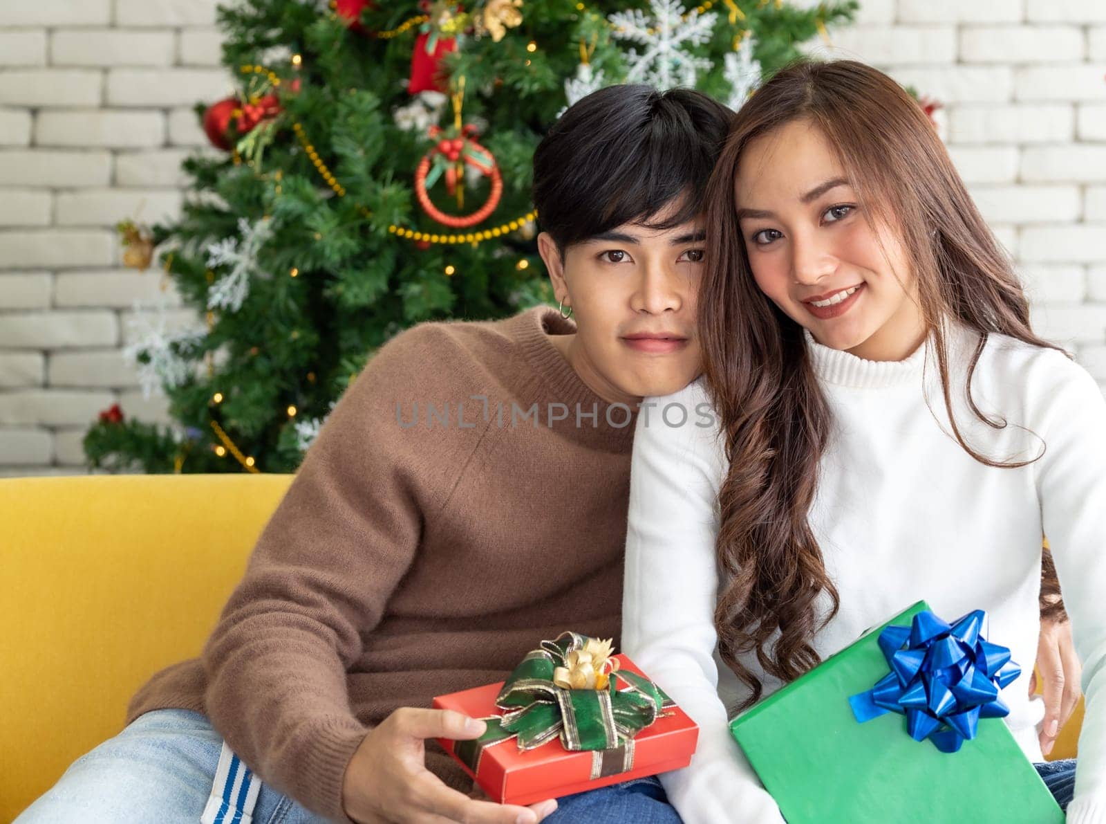 Portrait of couple holding gift box present celebraing Christmas festival holiday in living room with Christmas decoration Ornamental