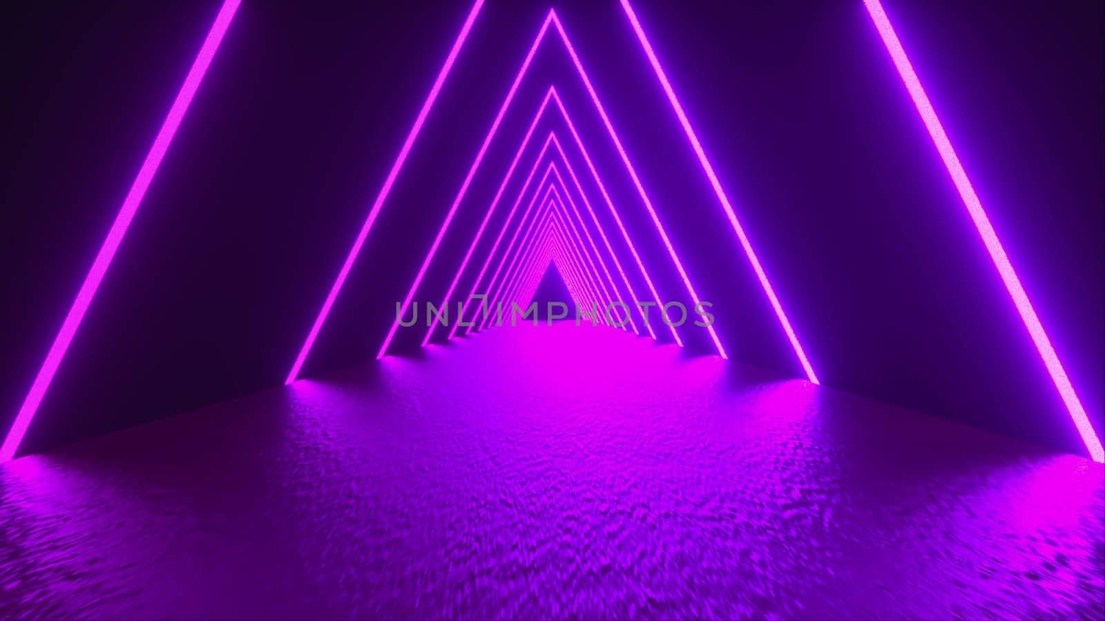 3D rendering, abstract geometric background, virtual reality, computer generated fluorescent ultraviolet light, glowing neon lines, a triangular tunnel with a straight smooth road