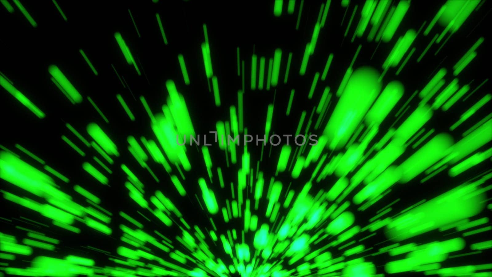 Fast flight of green lights streak in the lateral direction, 3d rendering computer background
