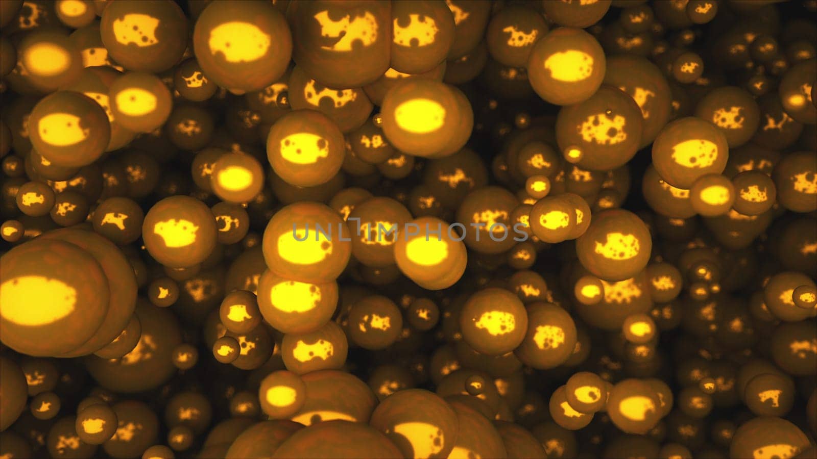 Abstract 3D rendering, computer generated dense consistency of gold bubbles large and small on a black background