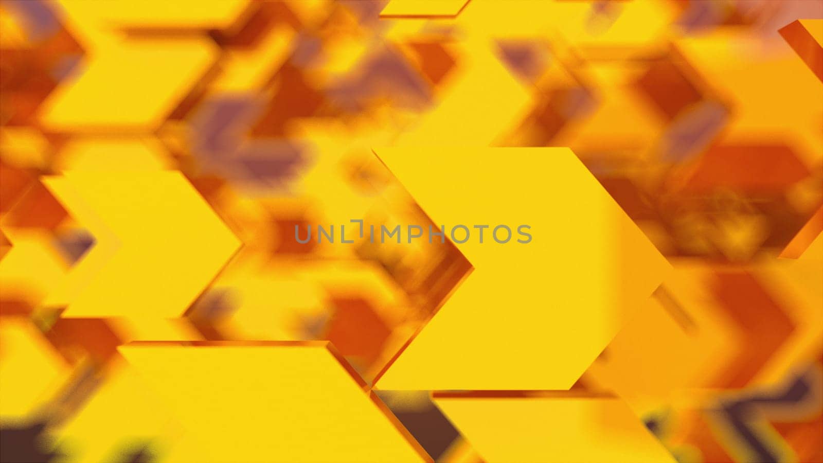 Computer generated abstract background numerous blurry golden right direction arrows with bokeh, 3D rendering