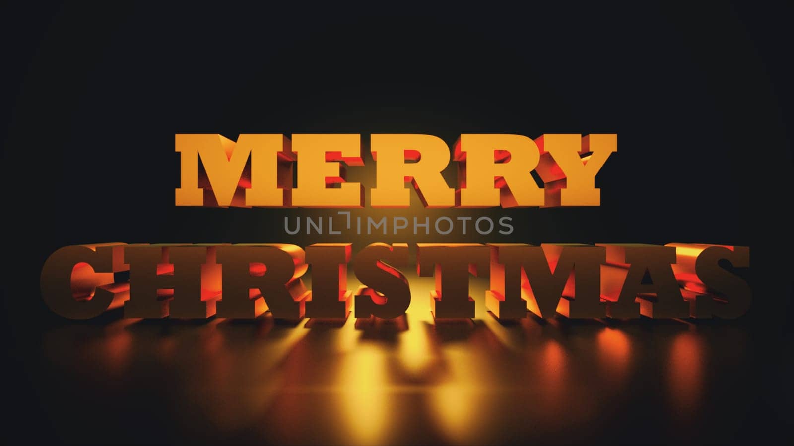 Merry Christmas, golden capitalized text, 3D rendering backdrop, computer generated text for holiday design