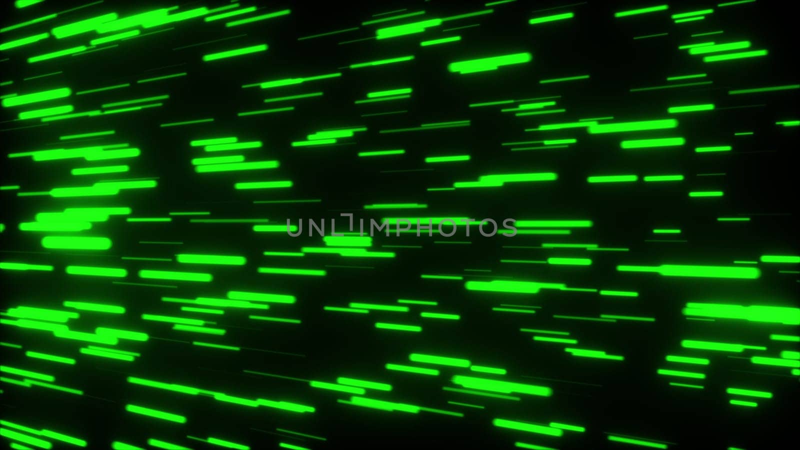 Fast flight of green lights streak in the lateral direction, 3d rendering computer background
