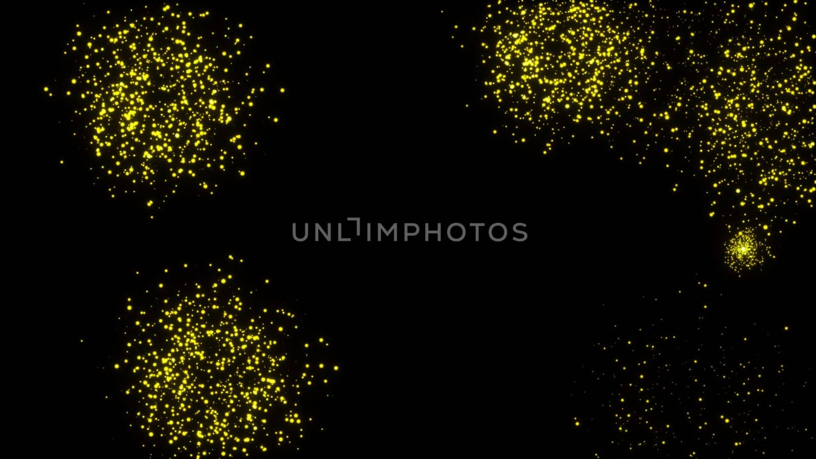 Computer generated abstract composition many flashes of golden salute on a black background. 3d rendering
