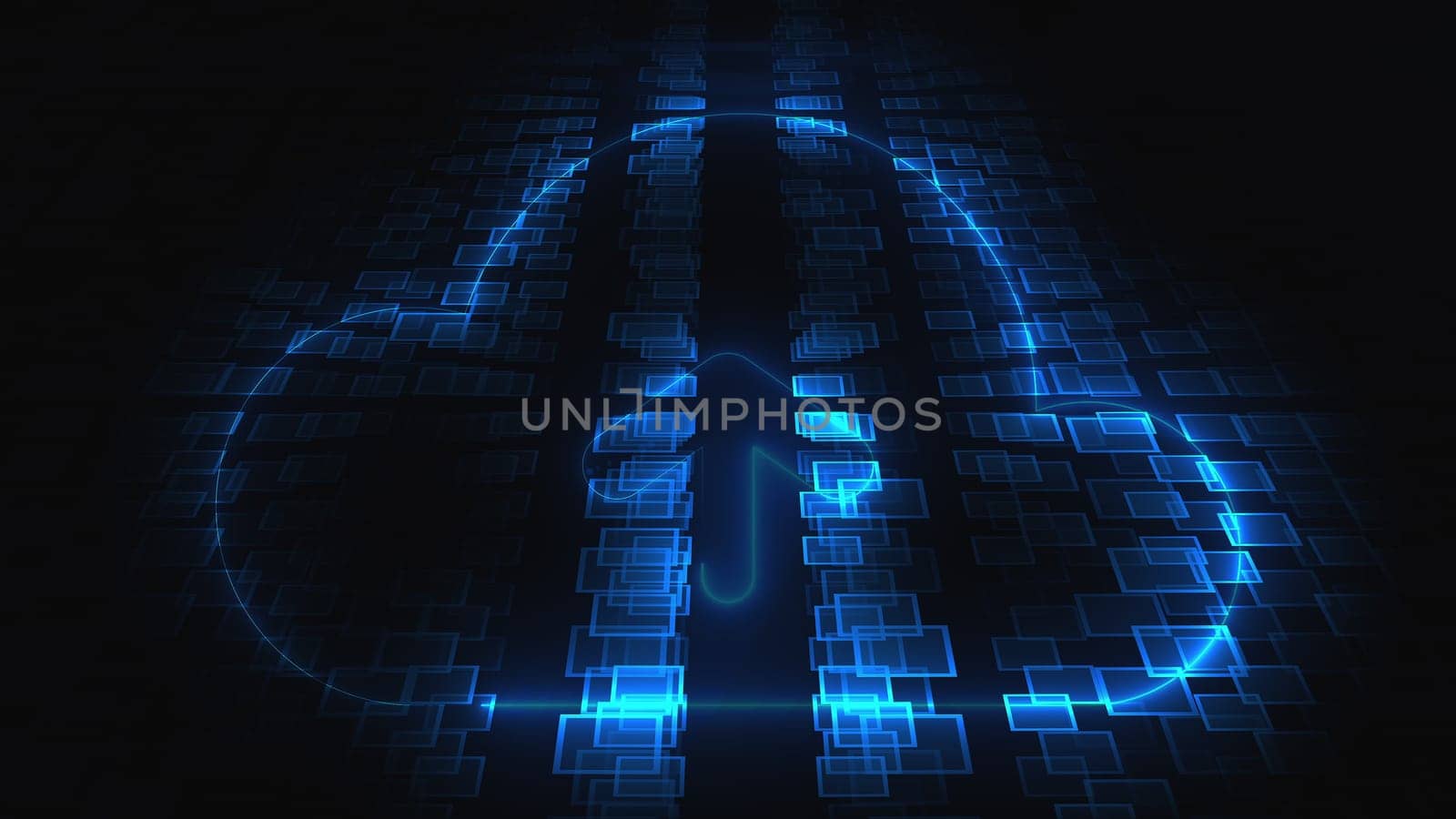 3d rendering technology and internet animation icons. Computer generation neon SEO icon on blurry background.