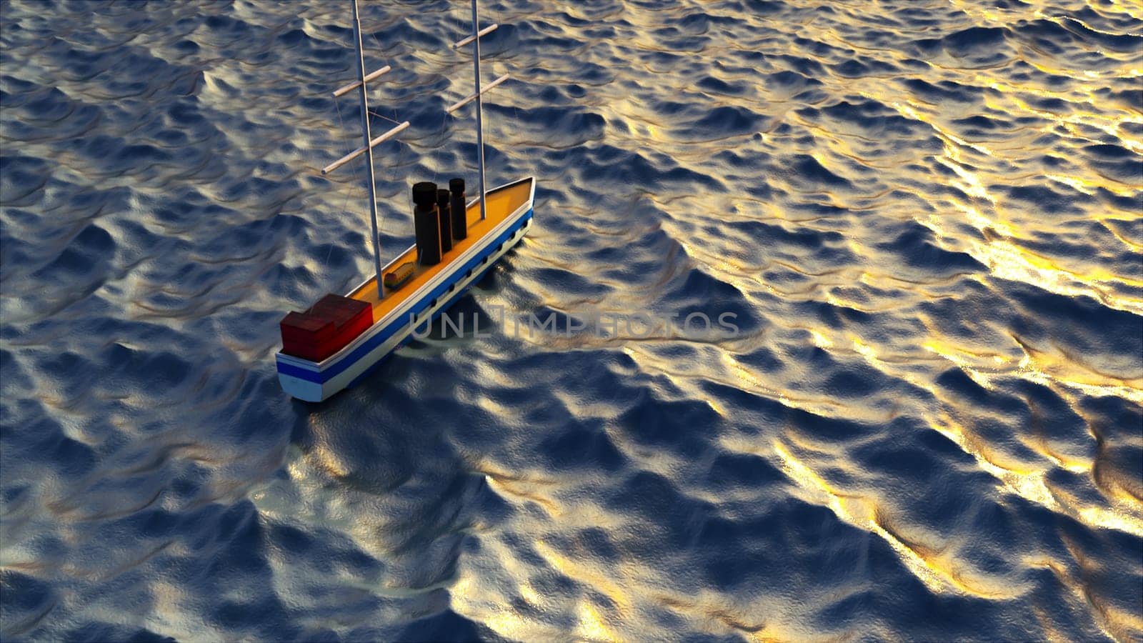 3d rendering of a surface boat in the open sea, top view. Computer generated marine ship on a background of water with waves