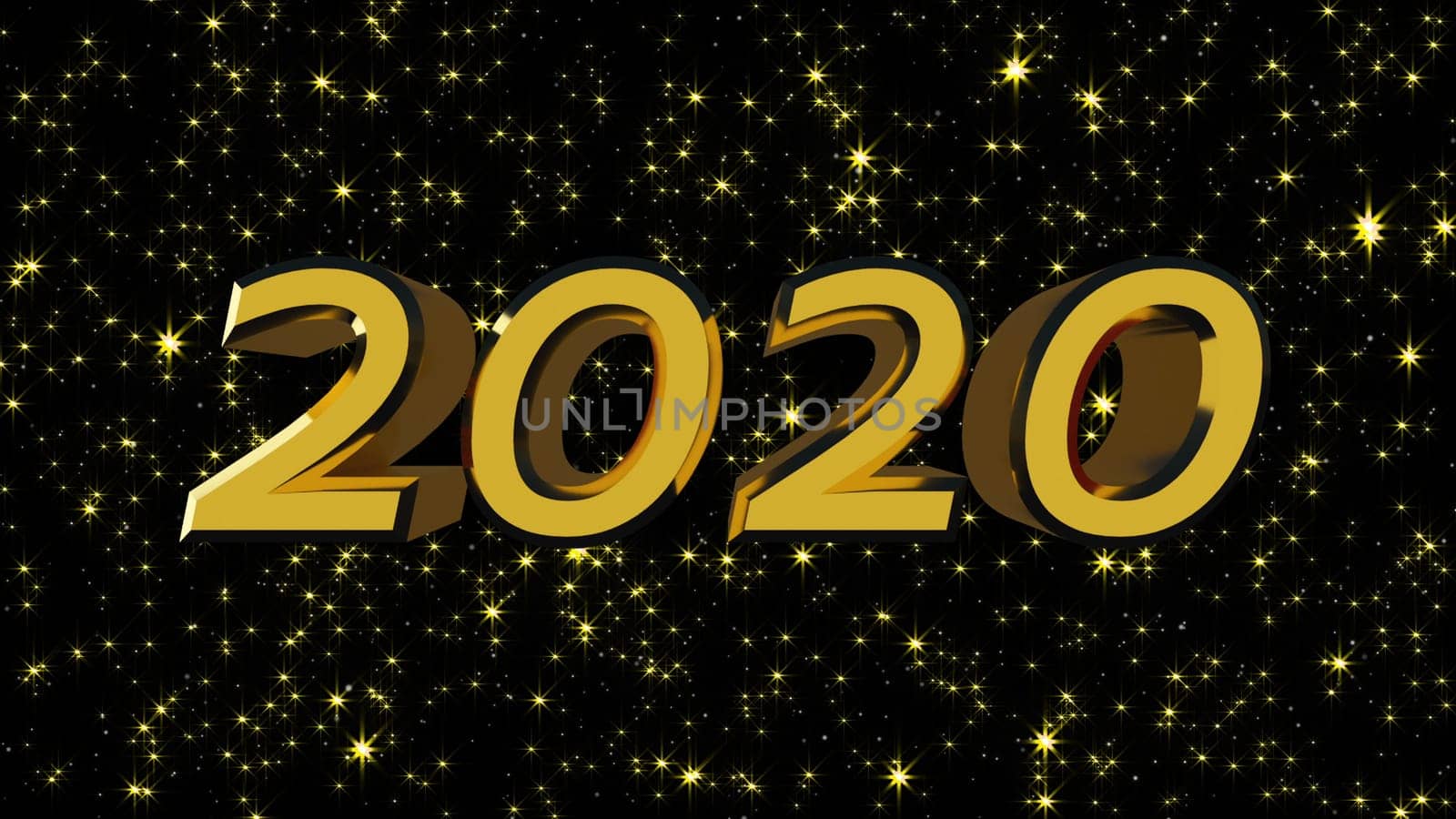 Golden shiny text 2020 with many stars, modern background for New Year holidays, 3d rendering computer generated backdrop