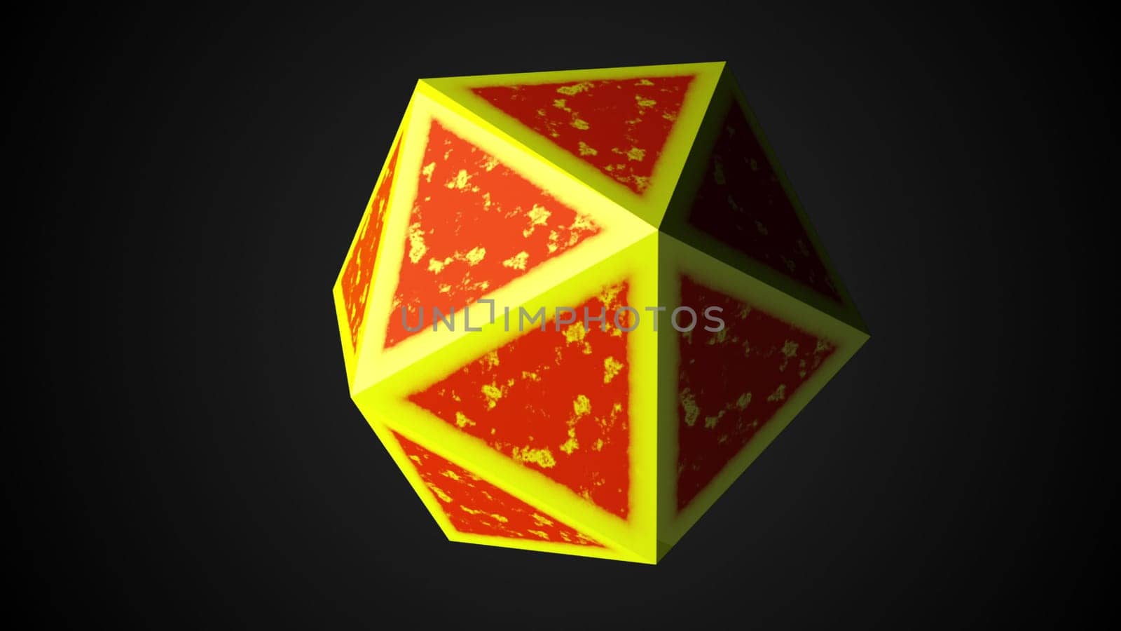 Computer generated icosahedron, 3d rendering of platonic with yellow edges and an orange center on a black background